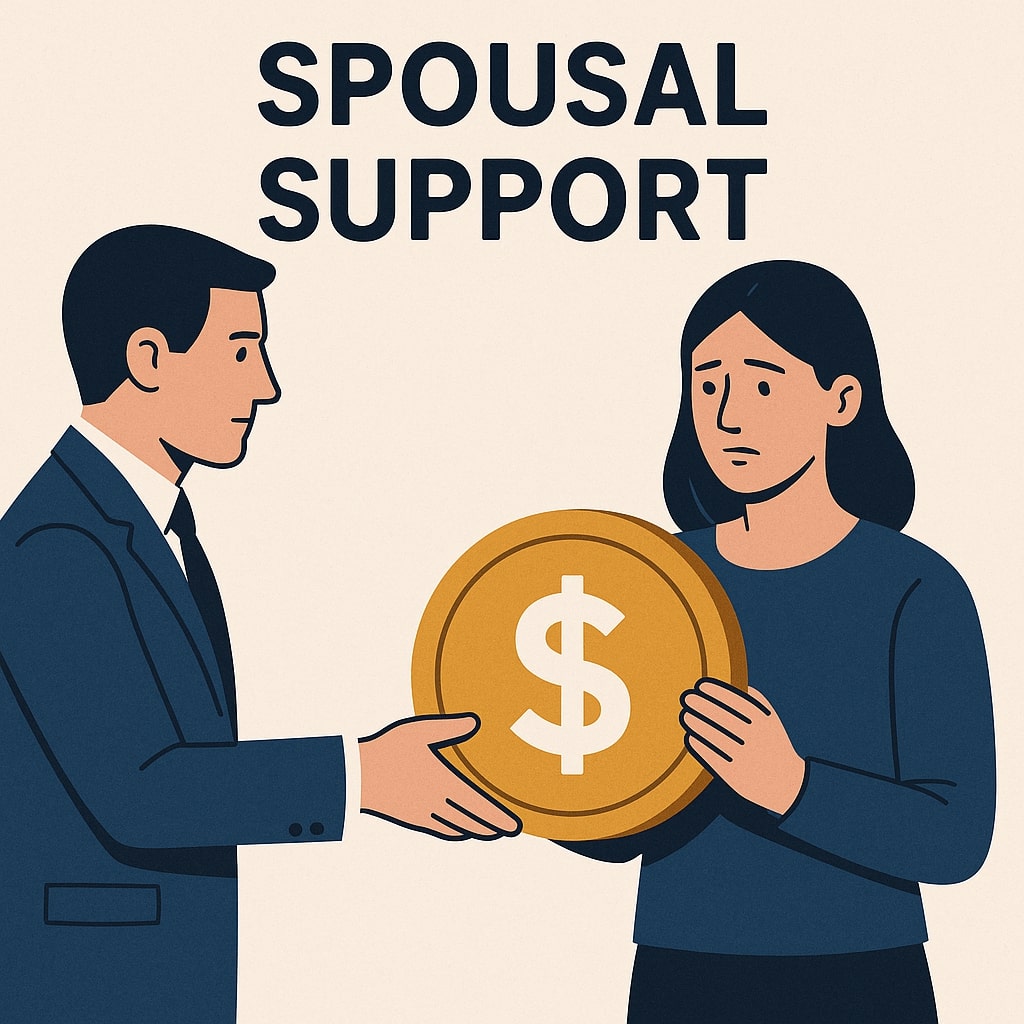 Illustration of a man handing a large gold coin with a dollar sign to a woman, with the words "Spousal Support" above them, representing California spousal support and possible lump sum agreement options.