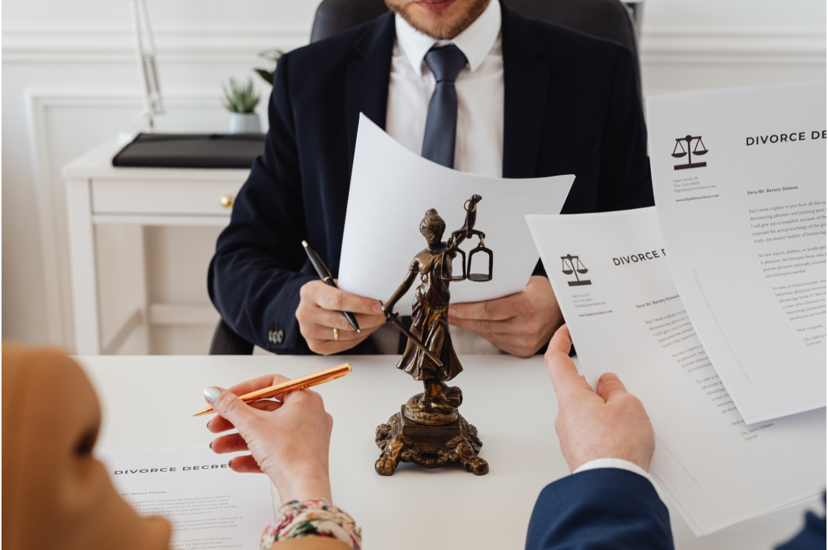 What Happens to Inherited Property in a California Divorce? Commingling Risks & Legal Strategies 1 Three people sit at a desk with divorce documents, a pen, and a Lady Justice statue in the center, suggesting discussions about legal strategies or inherited property in a California divorce.