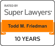 Best Employment Attorney Artesia 4 Badge displaying "Rated by Super Lawyers: Todd M. Friedman, Los Angeles employment attorney, 10 Years.
