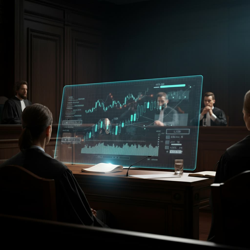 a group of people in a courtroom looking at a screen