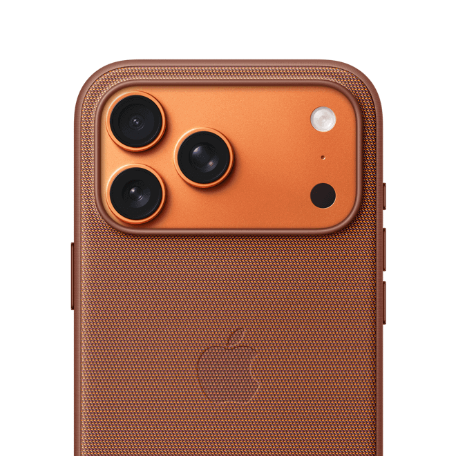 iPhone 17 Pro Techwoven case with MagSafe, sienna color, back view, iPhone 17 Pro inside, Cosmic Orange finish