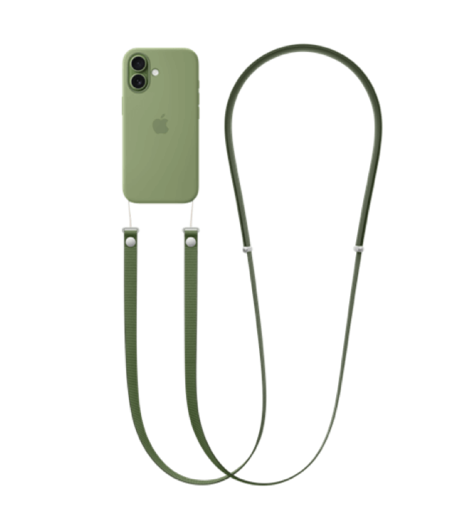 iPhone 17, back exterior, green Silicone case, green CrossBody strap attached