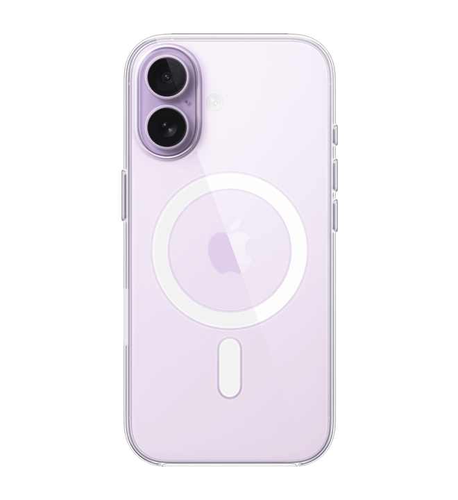 iPhone 17, Lavender finish, back view, inside Clear Case with MagSafe