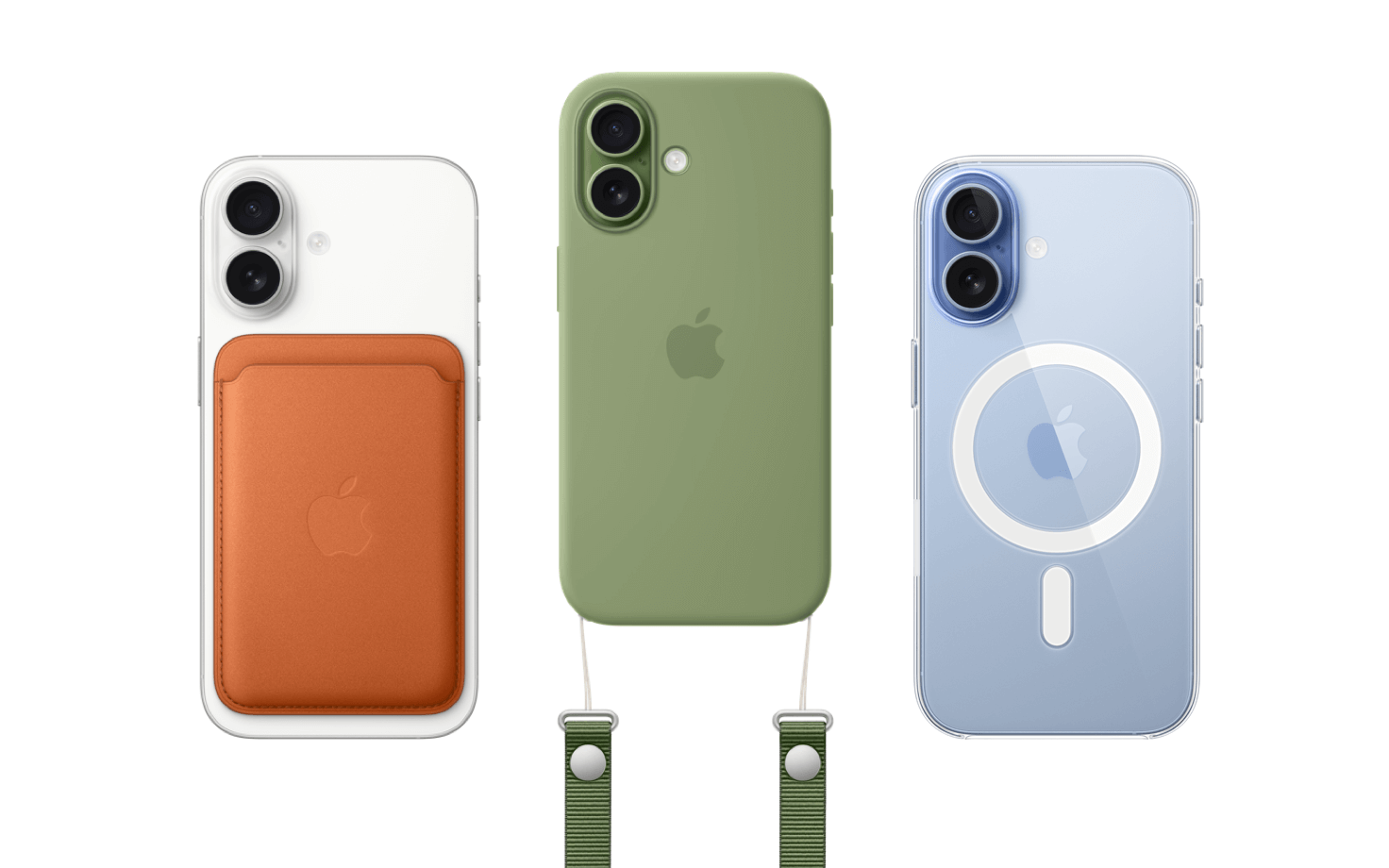 Side-by-side, 3 iPhone 17 models, back exterior view, in White fiinish with MagSafe wallet attached, in Green finish inside green Silicone Case, Green Crossbody strap attached, in Mist Blue finish inside Clear Case with MagSafe