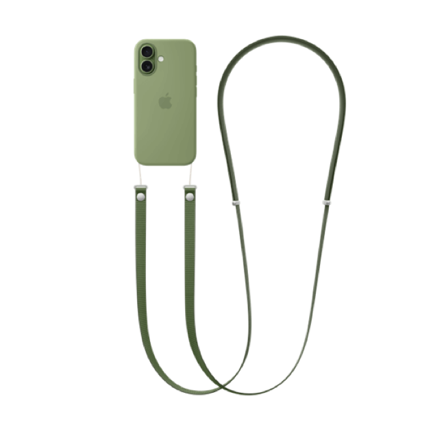 iPhone 17, back exterior, green Silicone case, green CrossBody strap attached