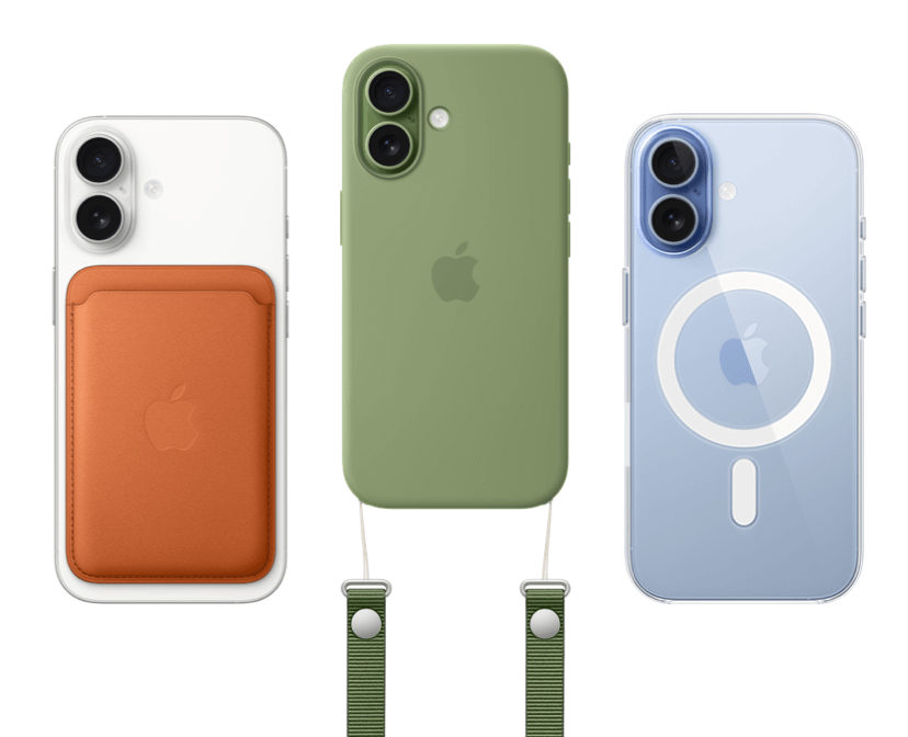Side-by-side, 3 iPhone 17 models, back exterior view, in White fiinish with MagSafe wallet attached, in Green finish inside green Silicone Case, Green Crossbody strap attached, in Mist Blue finish inside Clear Case with MagSafe