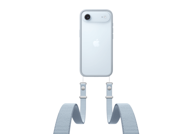 iPhone Air, back exterior, Sky Blue color, iPhone Air Bumper attached, Crossbody Strap in light gray color attached