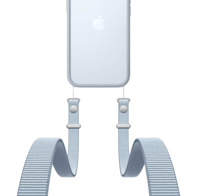 iPhone Air, back exterior, Sky Blue color, iPhone Air Bumper attached, Crossbody Strap in light gray color attached