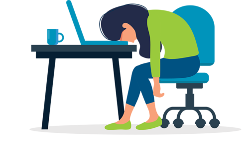 Cartoon of a dark haired woman at a desk faceplanting into her laptop