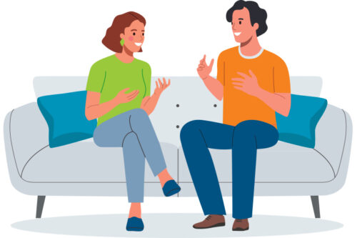 Illustration of a smiling couple having a deep conversation on a couch
