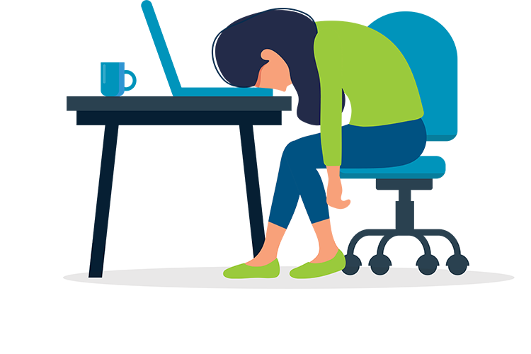 Cartoon of a dark haired woman at a desk faceplanting into her laptop