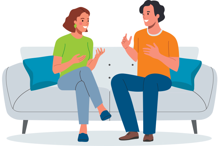 Illustration of a smiling couple having a deep conversation on a couch