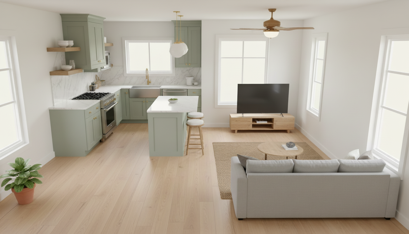 After - floorplan to_3d transformation: Floorplan to 3D. Style Ref: https://s3.us-west-1.amazonaws.com/dev.nvwa.user.image/landingpage/kitchen/Sage_Green_Charm.jpg. Instructions: tiny house