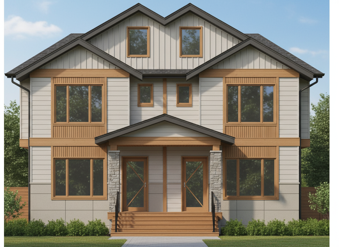 After - exterior transformation: turn this sketch into a photorealistic image. I will list what I want based to 4 levels: the basement, main floor, second floor and attic floor. for all the windows, the material will be an oak colour that's not too dark or too light. the basement level wall is hardy board but large panels. the main floor windows are accented with fluted wooden panels and a mix of horizontal hardy board. the second floor windows are accented with fluted wooden panels with horizontal hardy board as well but has a slightly different design/layout as the main floor. the attic floor wall has board and batten design. the front door pillars are stone and the steps are wooden. The colour of the whole house besides the stone and wooden fluted panels. similar to the style picture in terms of materials.