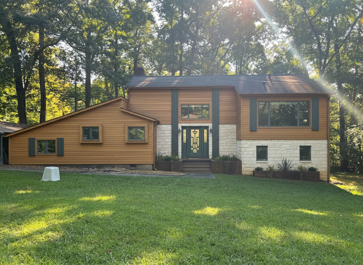 After - exterior transformation: Modern, simple, art deco, frank loyd wright, mid century