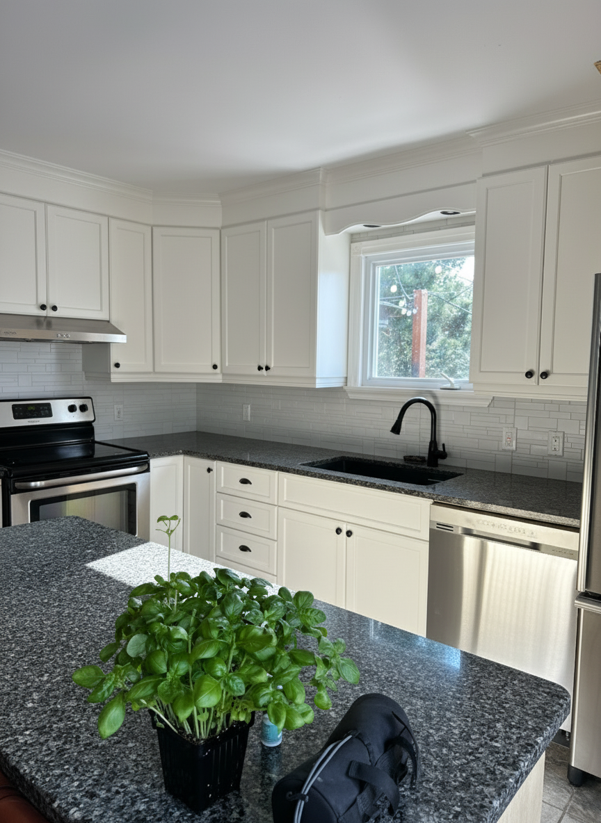 After - interior transformation: White (#EAEFEE) cabinet, white backsplash with textured vertical metro tiles