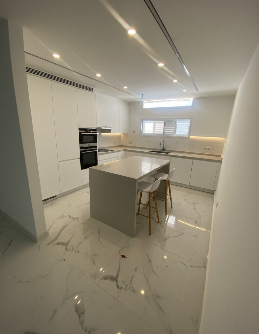 After - interior transformation: Design a modern kitchen layout for a 4m x 4m square room. Use the attached image for context — this is the room designated for the kitchen. The room has a wide window (2m) on the far wall, with plenty of natural light coming through. The flooring is white marble with gray veining, and the ceiling already has recessed LED lighting and a sleek linear AC vent.
Requirements:
Style: Modern and minimalistic
Cabinets: Floor-to-ceiling cabinets on the left and back walls (preferably matte white or wood veneer)
Countertop: Quartz or granite in light gray or white
Appliances: Built-in oven, induction cooktop, concealed hood, integrated fridge, and dishwasher
Sink Placement: Below the wide window
Island: Optional central island (with seating for 2) if space allows
Backsplash: Clean, modern tile (subway or slab-style)
Lighting: Under-cabinet lighting, maintain ceiling LEDs
Color Palette: Neutral tones (white, gray, beige, or wood textures)
Storage: Maximize storage with smart solutions (pull-out drawers, pantry, corner units)
Goal: Create a sleek, functional, and elegant kitchen space that complements the marble flooring and clean white walls in the existing room.