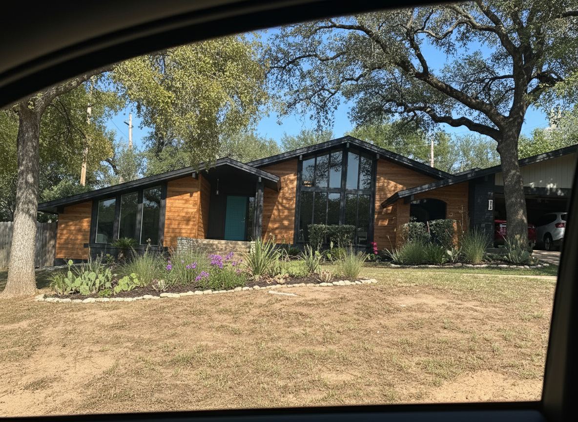 After - exterior transformation: please redesign the exterior of this home with larger modern windows on the left. keep the original style and colors and make the yard lush landscaping with texas native landscaping. Refinish the exterior in cedar, black and choose a base color swatch that would look good for the door a some of the trim.