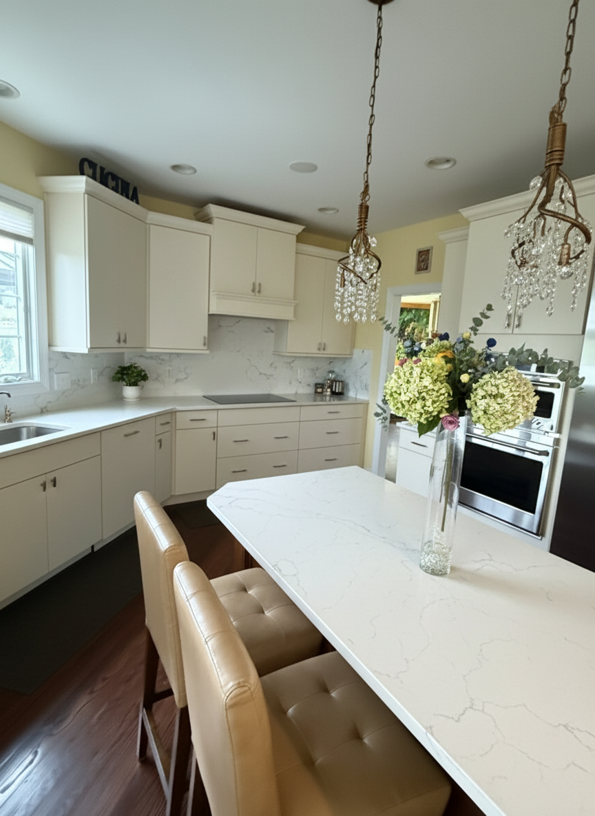 After - interior transformation: Modern Cabinets, light cabinet color, quartz light countertop with the light quartz back splash