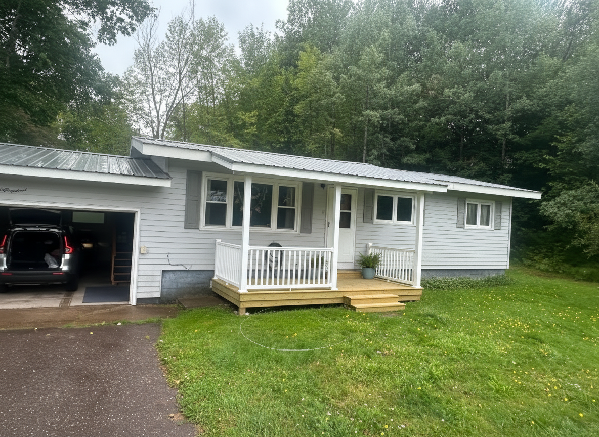 After - exterior transformation: integrate an 8ft. x 8 ft. porch extension into the existing roof off of the front door keeping the same roof slope and same home style