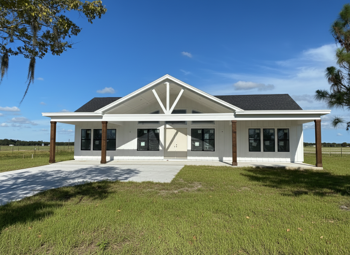 After - exterior transformation: Keep the house white but change the columns and cross beam to dark wood. Add driveway and grass. Remove the trash dumpster on the bottom right.