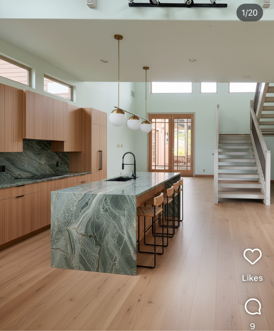 After - interior transformation: take away the sliding glass door and interior door on the left side. make this a kitchen. keep the door thats in the middle of the photo. orient kitchen on the left wall.
