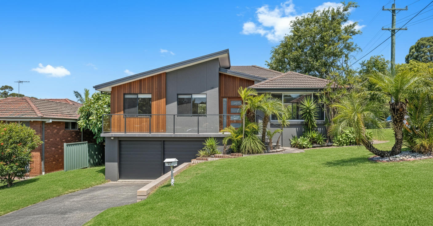 After - exterior transformation: change to skillion roof, add in double garage, modernise fascade