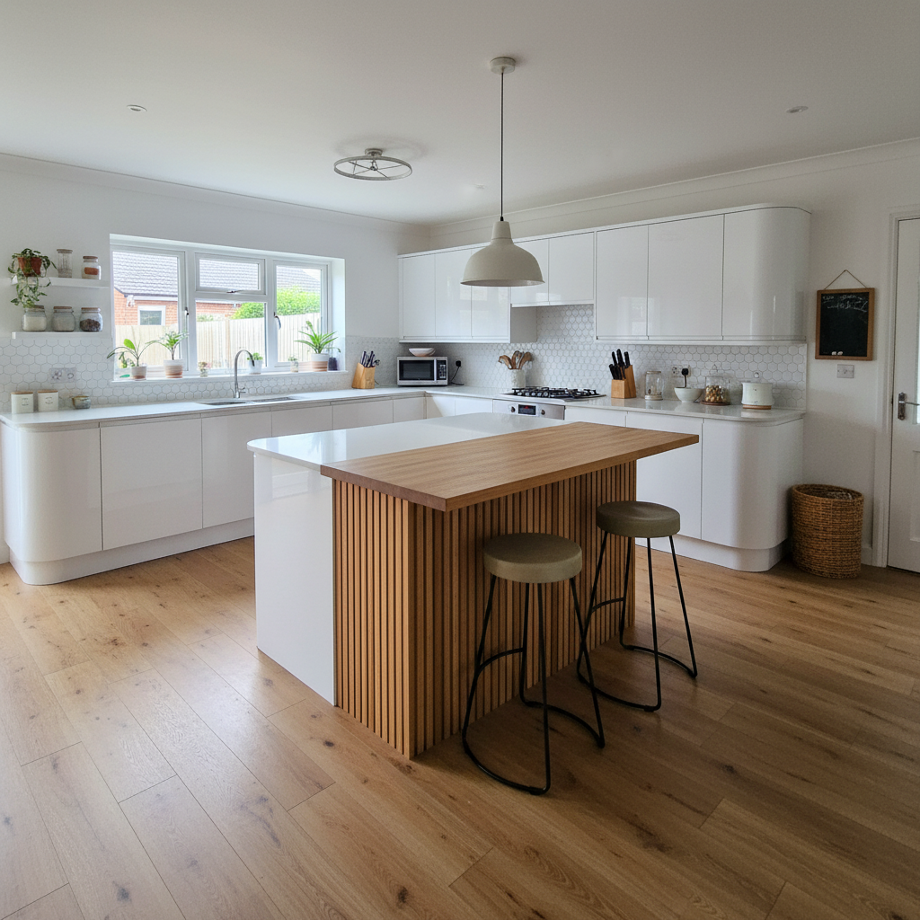 After - interior transformation: update the kitchen. get rid of the kitchen table and replace with a 2 level island for preparing and dining. modern country.