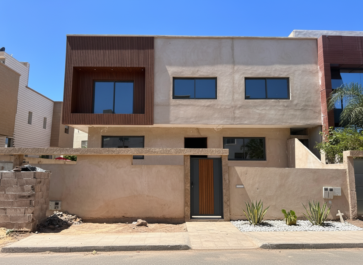 After - exterior transformation: Take this uploaded photo of a two-story villa under construction. Keep the building’s proportions, structure, and dimensions exactly as in the photo. Maintain the same number of windows, doors, balconies, and wall positions. Do not change the geometry.
Redesign only the facade by applying modern materials and colors: , wood cladding panels (only on the wall of the balcony in first floor as well as atouch of it in the gate keep it minimal)and dark aluminum window frames. Add realistic glass windows instead of the empty openings. Keep the front wall and gate in place, but update them with a clean modern finish. give the villa an overall minimalist yet chic and modern look ( give me at least 3 variants)
Surroundings: replace the sandy ground with a paved entrance and a small landscaped area with green plants. Keep the neighboring houses visible , the focus stays on the villa.
Style: photorealistic, minimal AI intervention, true to the original picture’s perspective and proportions.”