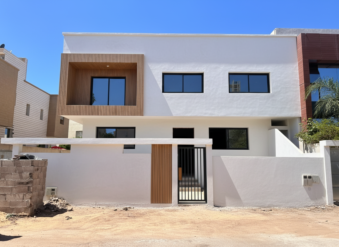 After - exterior transformation: please redesign this unfinished villa to make it look minimalistic yet chic and classy.
(pls add a touch of wooden cladding pannels but keep it minimal and pretty )