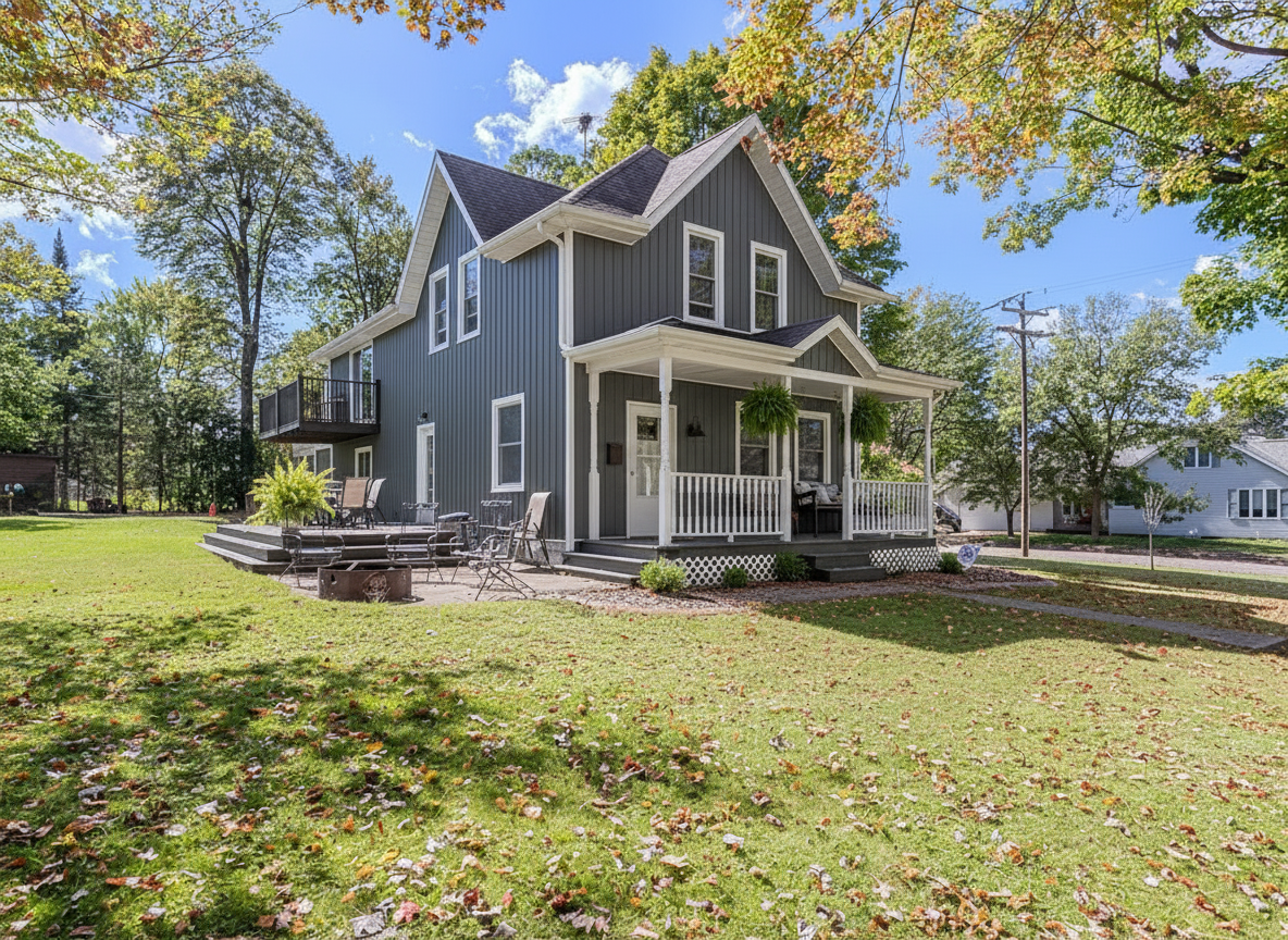 After - exterior transformation: dark grey vertical siding with white trim