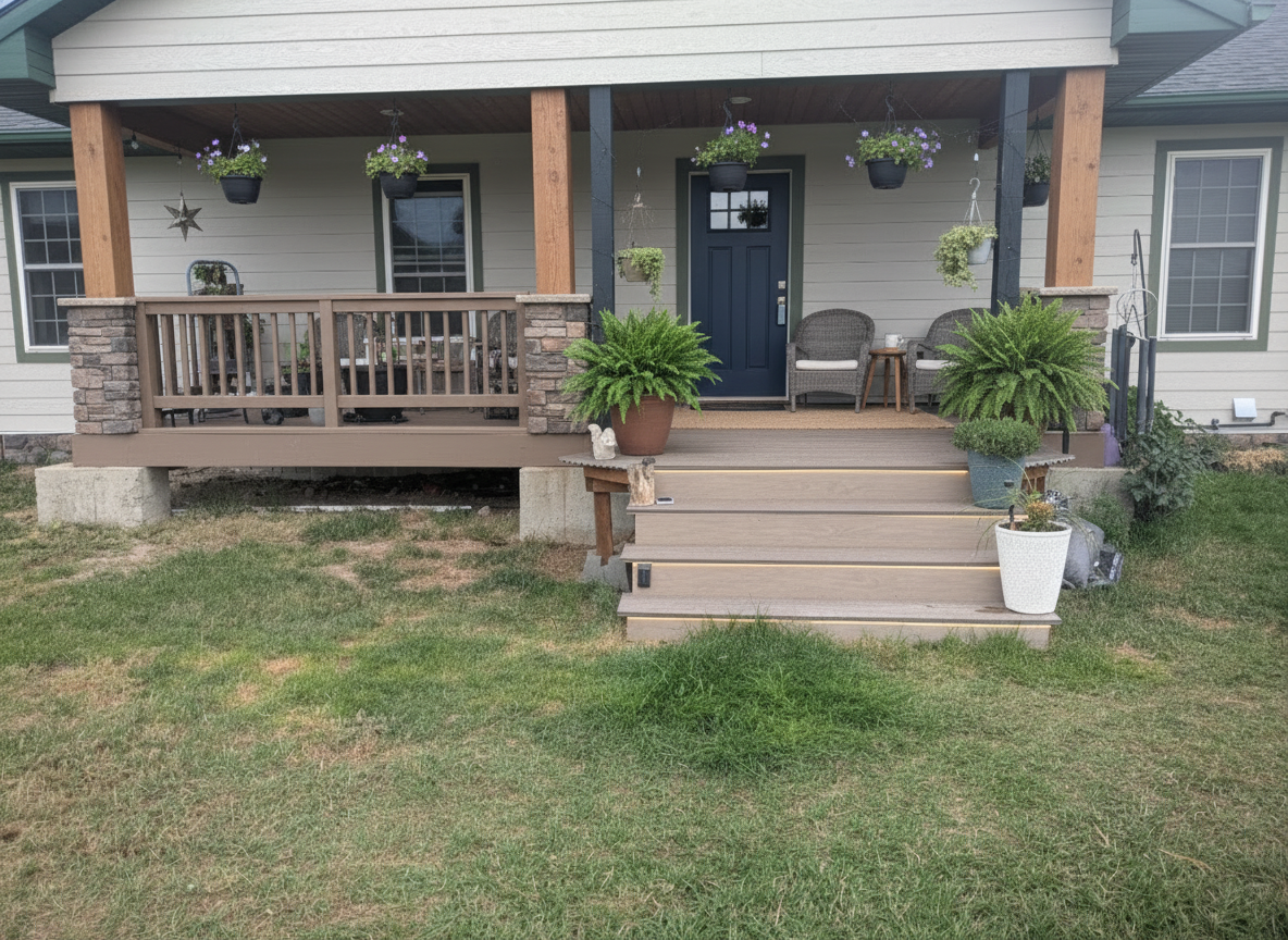 After - exterior transformation: Finish front of house, porch area chores to use and stone work