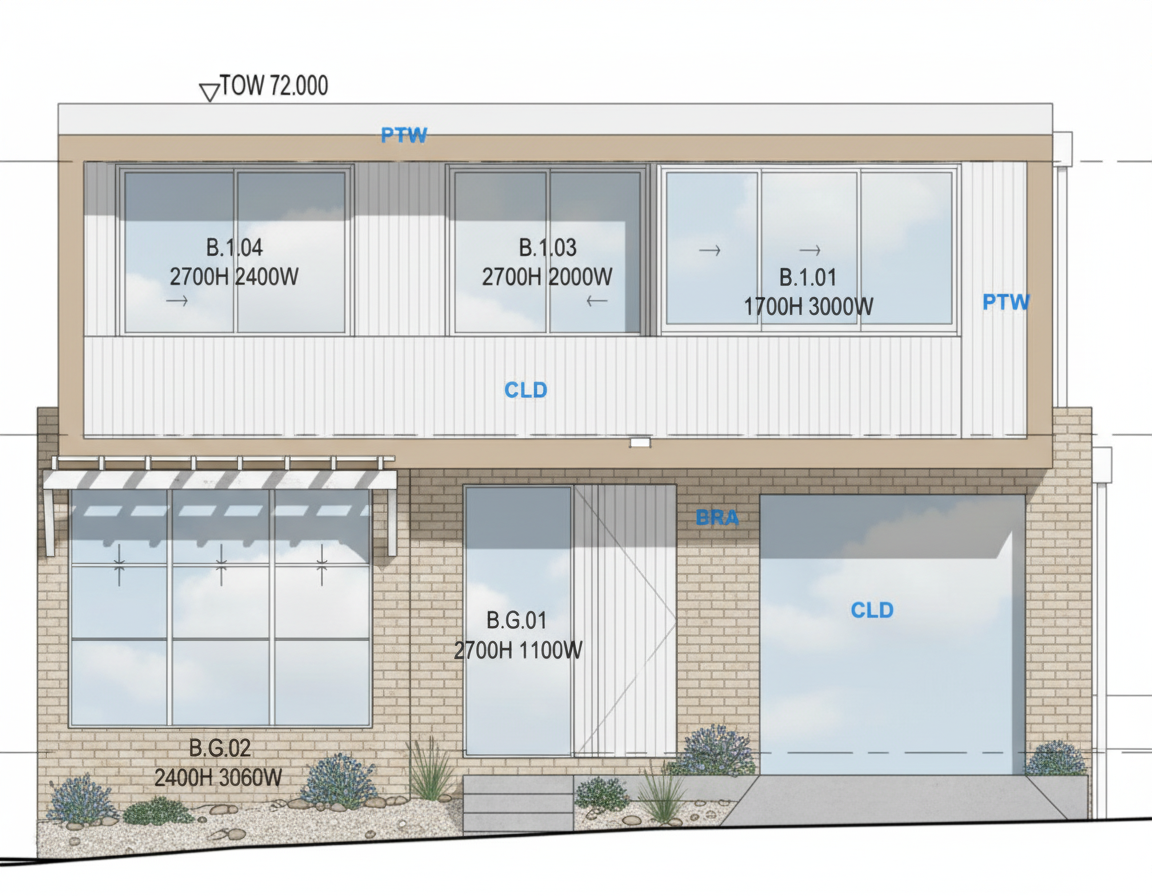 After - exterior transformation: We would like a coastal look of the drawing, with a light brick option on the lower half. Keep the house the same design but make the exterior a coastal look