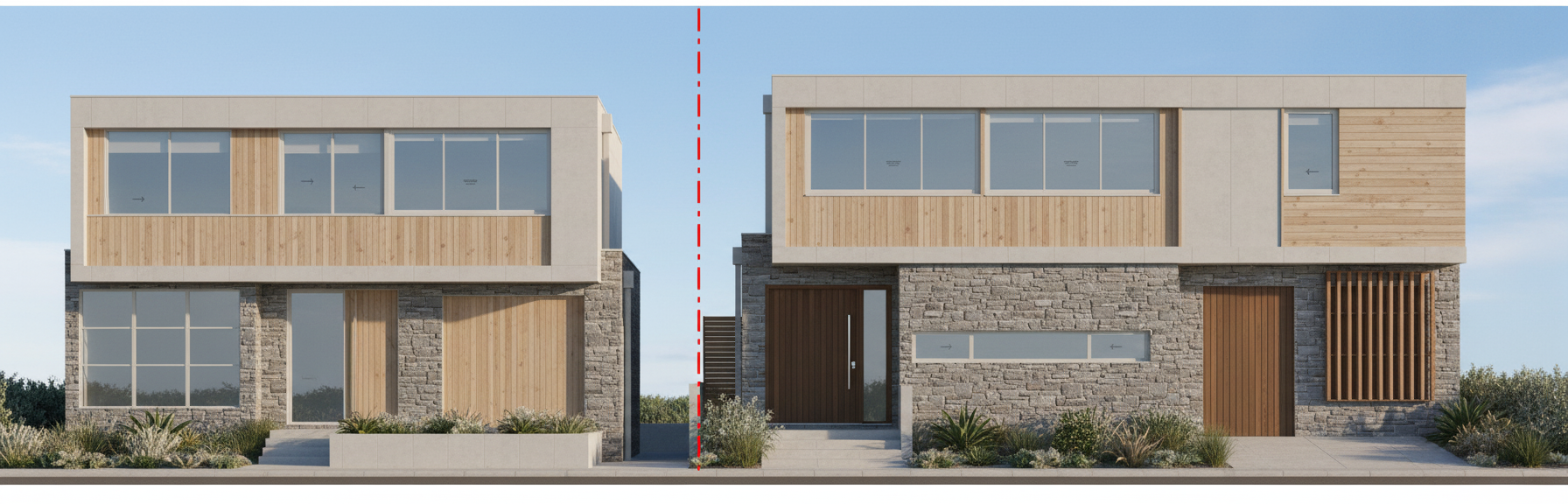 After - exterior transformation: create photo of a luxury facade for the two homes inthe picture the garage is timber, the front door is timber, the window frames are white. give it a luxurious coastal feel