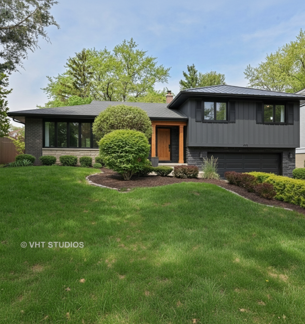 After - exterior transformation: Black windows and charcoal paint and natural wood accents