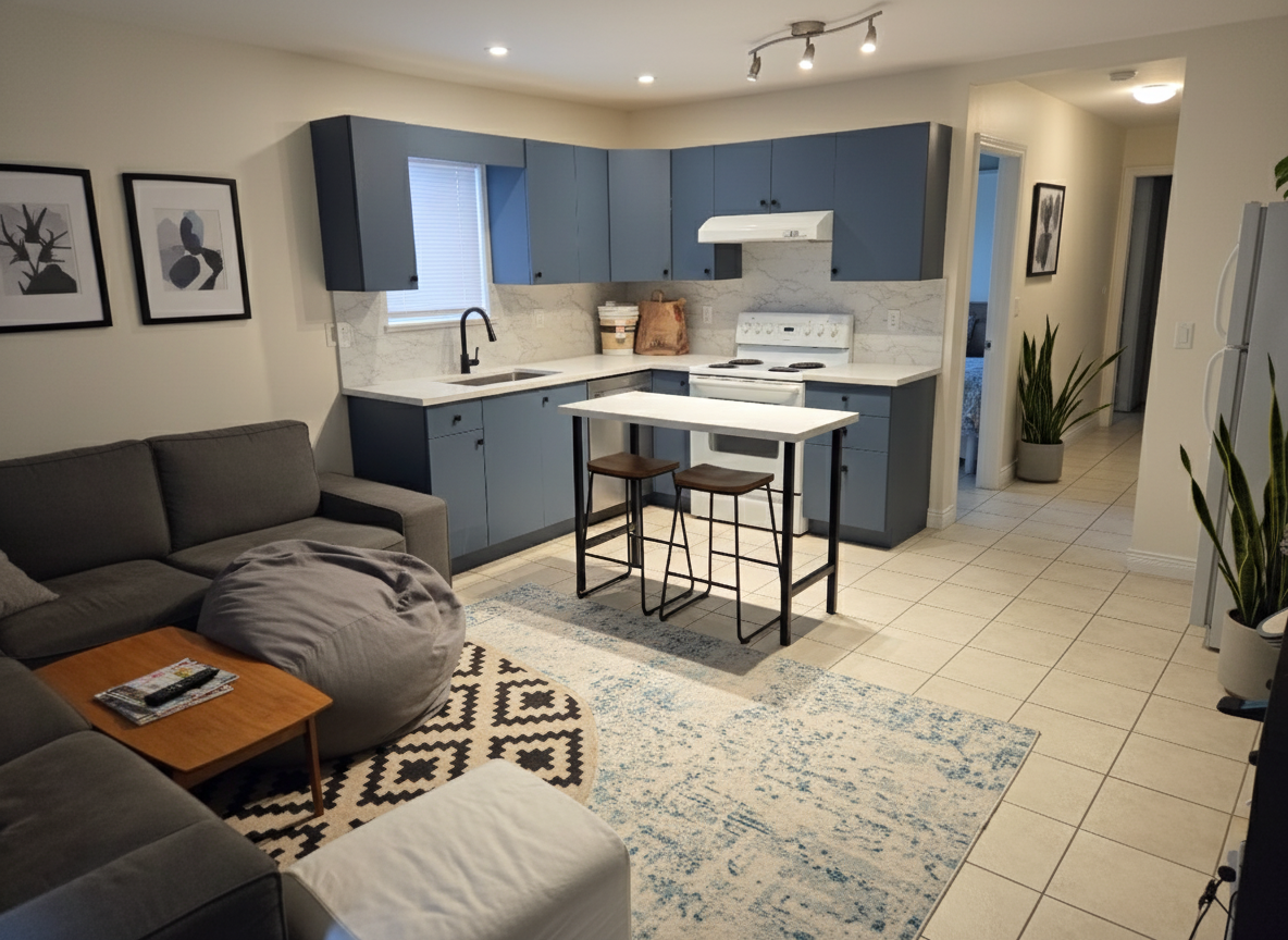 After - interior transformation: More functional layout, efficient use of space, modern, casual, fun look
Solid cabinet color
Stainless appliances
Center sink on window
Keep couch