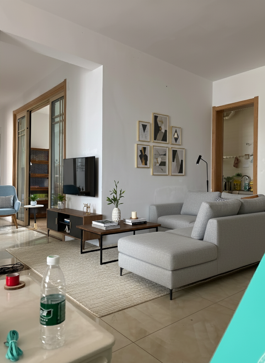 After - virtual staging transformation: First remove the existing furniture and miscellaneous objects. Then do virtual staging by adding decoration and furniture to make a modern living room real photo design. Do not change the structure (walls, doors, windows) by adding decoration and furniture to make a nice design and keep all other parts the same.