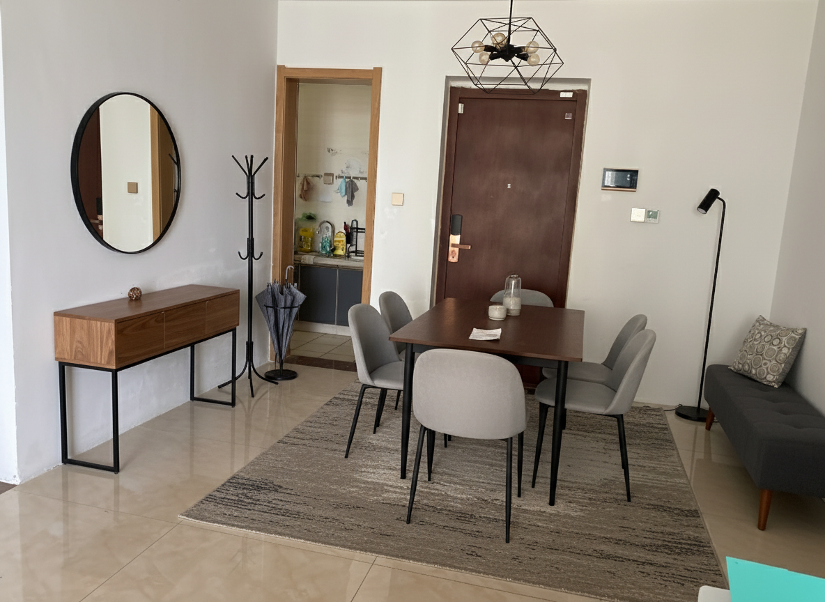 After - virtual staging transformation: First remove the existing furniture and miscellaneous objects. Then do virtual staging by adding decoration and furniture to make a modern dining room real photo design. Do not change the structure (walls, doors, windows) by adding decoration and furniture to make a nice design and keep all other parts the same. Also, Add an area to hang umbrella and coats