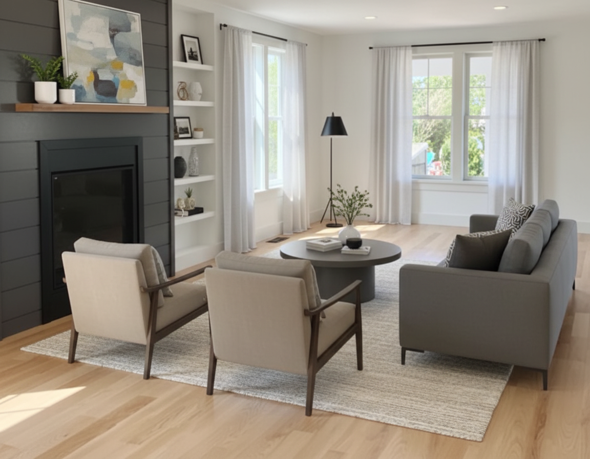 After - virtual staging transformation: First remove the existing furniture and miscellaneous objects. Then do virtual staging by adding decoration and furniture to make a modern living room real photo design. Do not change the structure (walls, doors, windows) by adding decoration and furniture to make a nice design and keep all other parts the same.