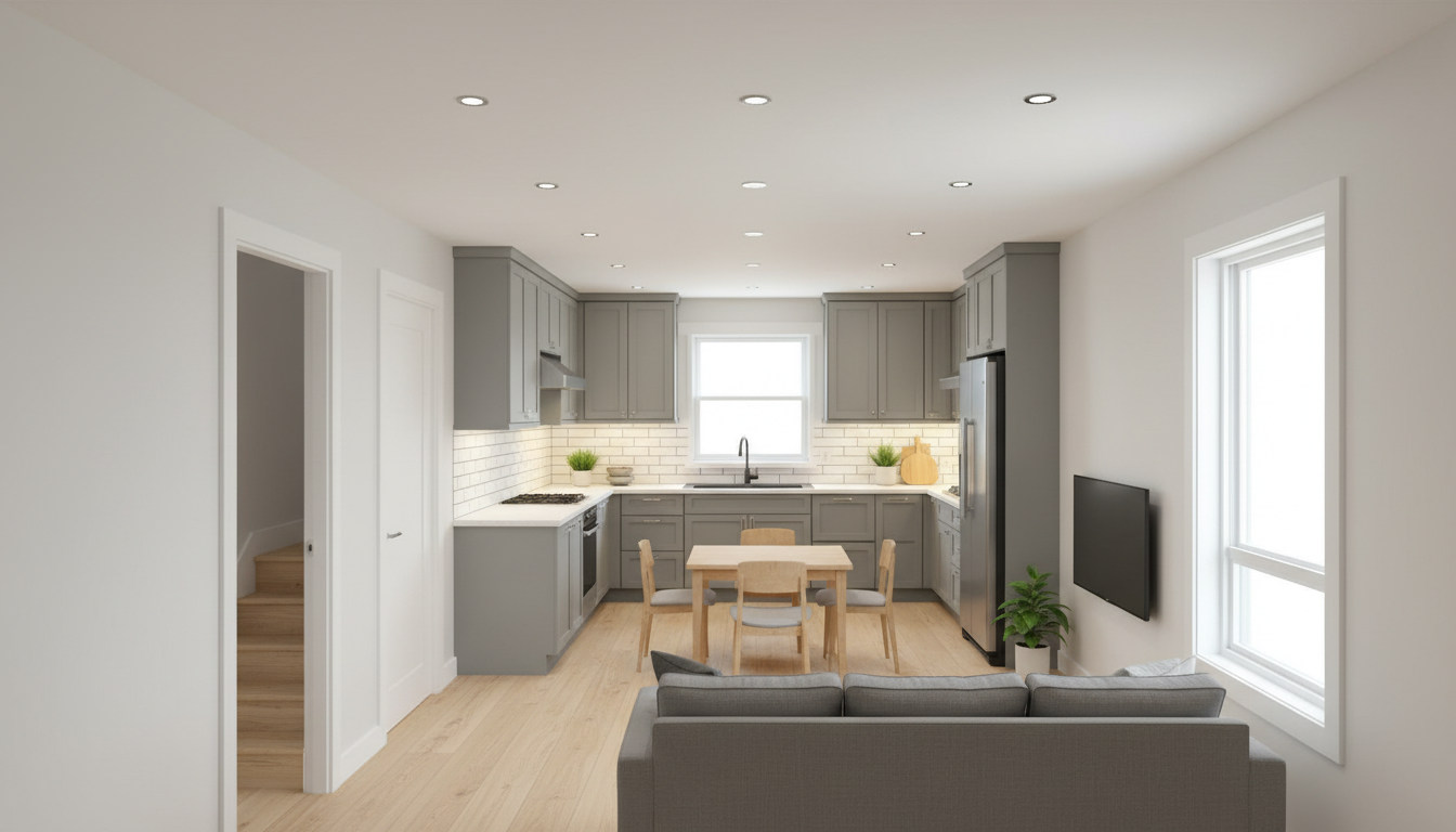 After - floorplan to_3d transformation: Floorplan to 3D. Style Ref: https://s3.us-west-1.amazonaws.com/dev.nvwa.user.image/landingpage/kitchen/Urban_Minimalism.jpg. Instructions: tiny house
