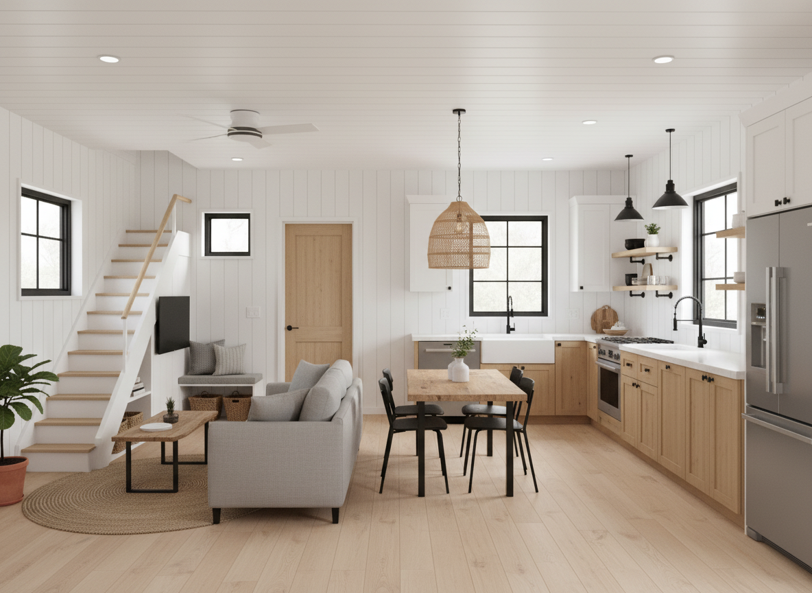 After - floorplan to_3d transformation: Floorplan to 3D. Style Ref: https://s3.us-west-1.amazonaws.com/dev.nvwa.user.image/landingpage/bathroom/Rustic_Nature.jpg. Instructions: tiny house