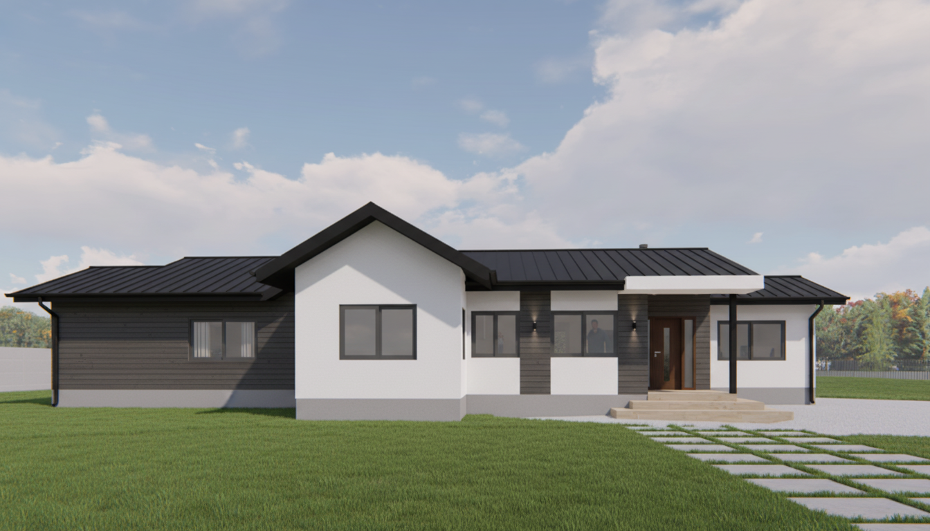 After - interior transformation: Design type: interior. Style Ref: None. Instructions: I need to improve the exterior of this house to make it look with more personality and more modern. ideally black metal roof