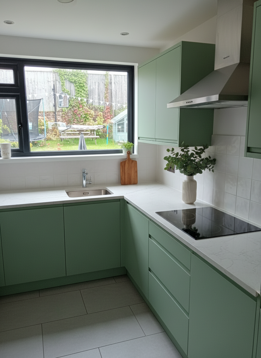 After - interior transformation: Design type: interior. Style Ref: None. Instructions: Suggest designs for a more modern kitchen using green