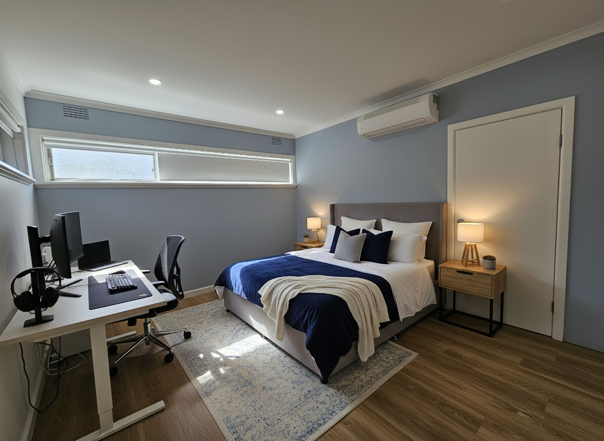 After - interior transformation: Design type: interior. Style Ref: None. Instructions: Add a double bed and a computer setup