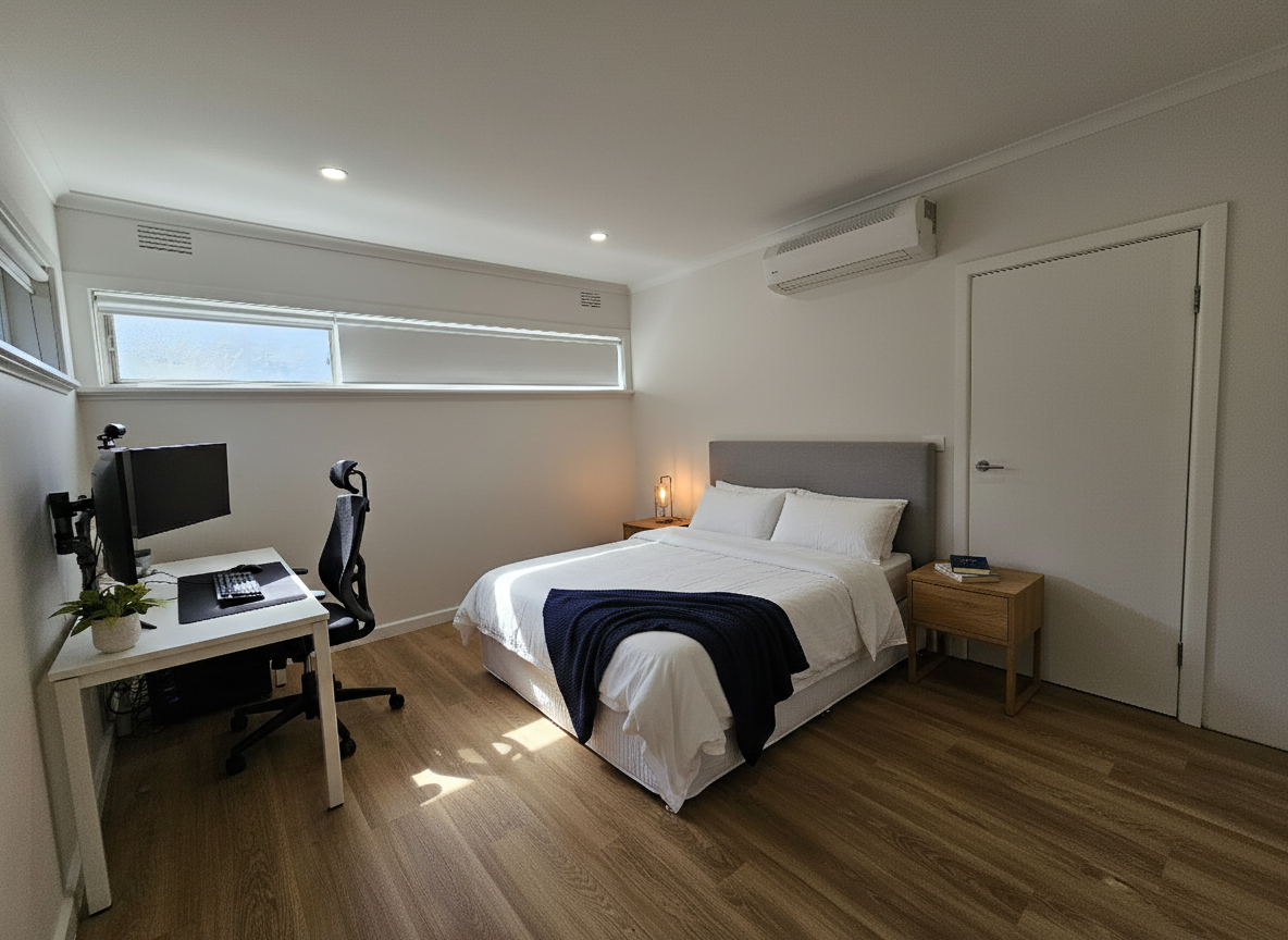 After - interior transformation: Design type: interior. Style Ref: None. Instructions: Add a double bed and a computer setup