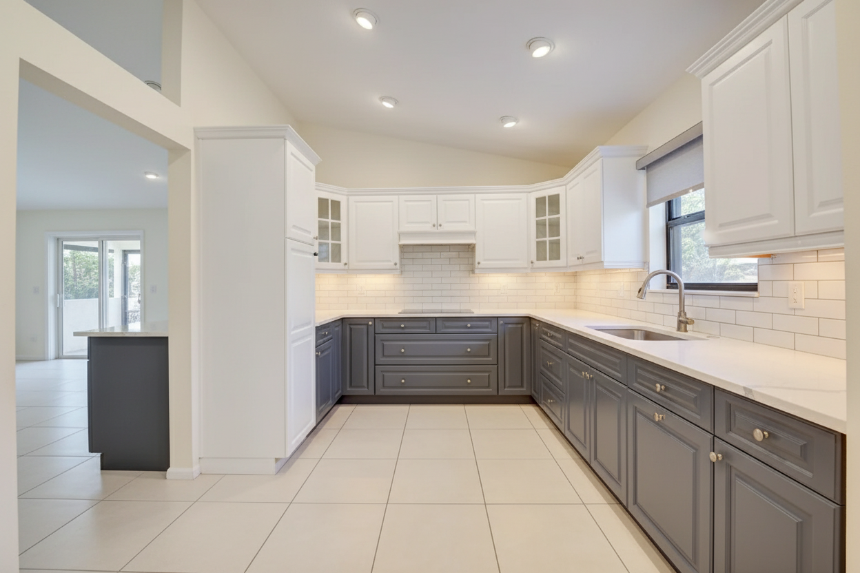After - interior transformation: Design type: interior. Style Ref: None. Instructions: knock down the wall to the left and add the fridge and additional cabinet space to the kitchen. include pantry cabinet doors instead of the pantry