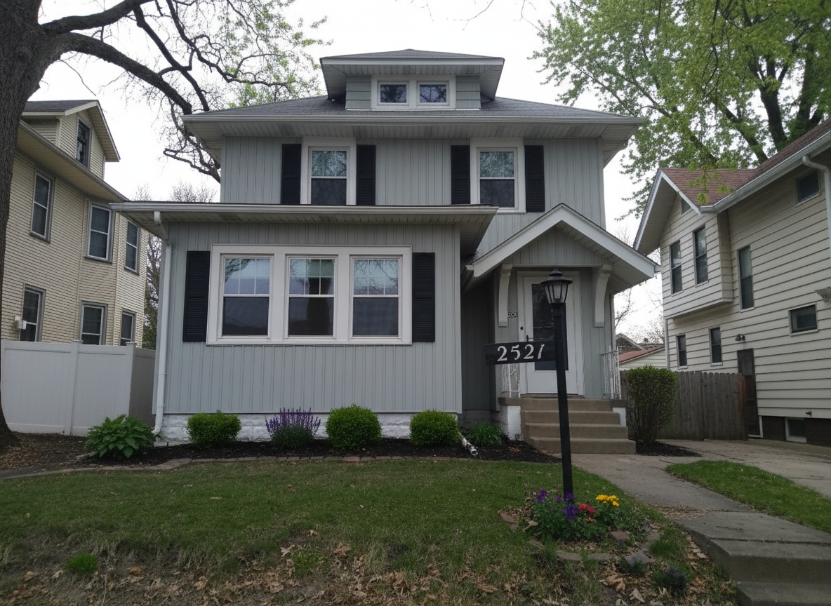 After - exterior transformation: Design type: exterior. Style Ref: None. Instructions: Change the grey aluminum siding to very light gray/green vinyl siding. Add black shutters and update the landscaping