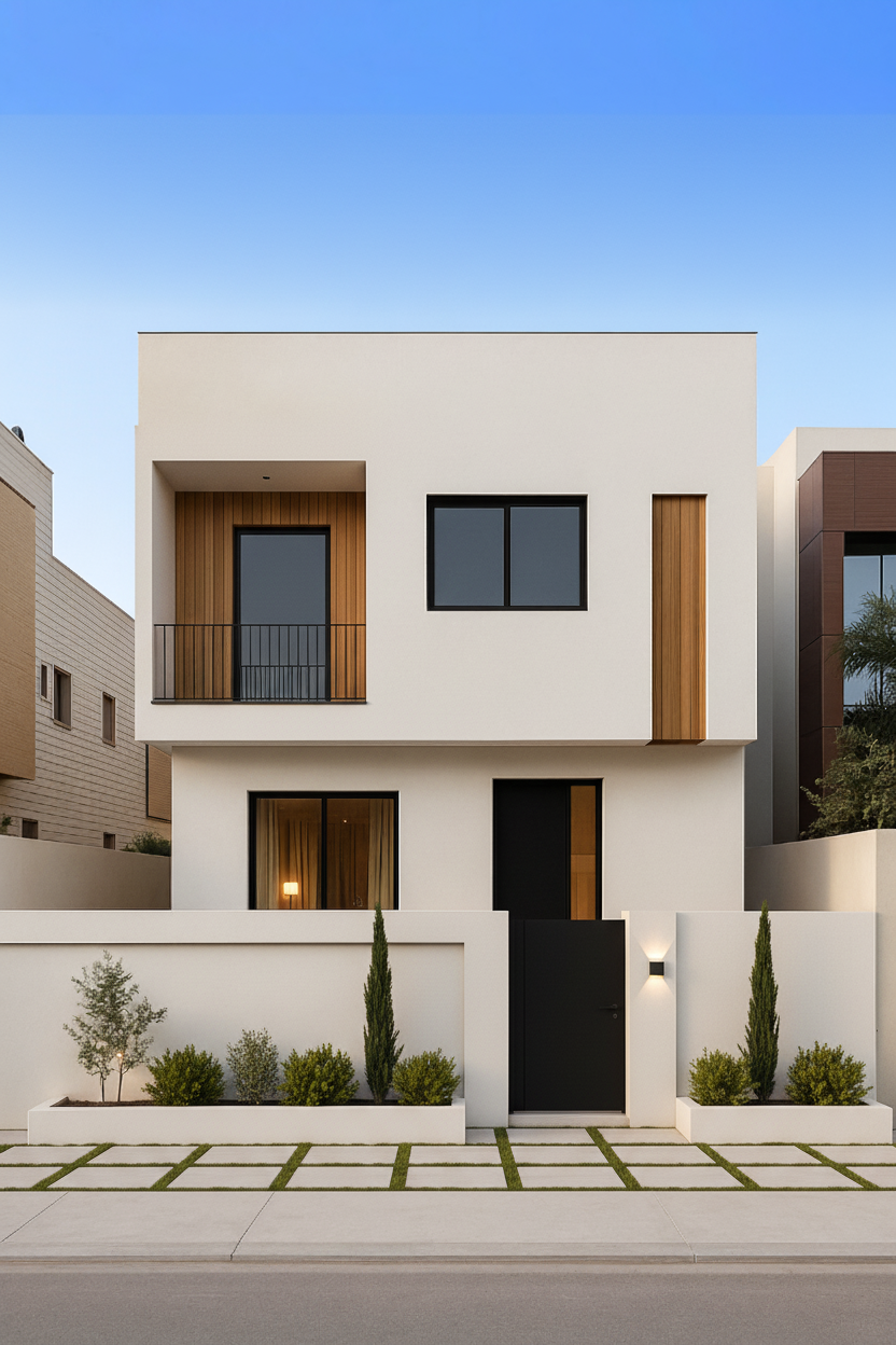 After - exterior transformation: Design type: exterior. Style Ref: https://base44.app/api/apps/68a6b71b9e6d8b9bb330a7ee/files/public/68a6b71b9e6d8b9bb330a7ee/35da1857e_20250829_1649_MinimalistChicConstruction_remix_01k3v85dkfewtbs8c5scqe7hqa.png. Instructions: Redesign the provided villa façade, pavement, and front garden into a minimalistic yet chic and modern style.
Do not alter the original structural dimensions of the building or walls.
Do not modify the existing metal gate; instead, simply paint over it in a sleek modern finish
Apply a clean, smooth exterior paint in a light neutral tone (white ) and paint the side ways "U" surrouding the balcony in black also add wooden cladding to the wall inside the balcony only
Add wooden cladding accents on the first floor to bring warmth and elegance.
Replace the raw concrete balcony edge with a minimal thin-lined finish.
Design a modern pavement
Add a minimalist front garden with low-maintenance greenery: small shrubs, linear planters, and one or two slim vertical trees for a balanced modern look.
Overall aesthetic: minimalist, chic, modern with natural wood touches."