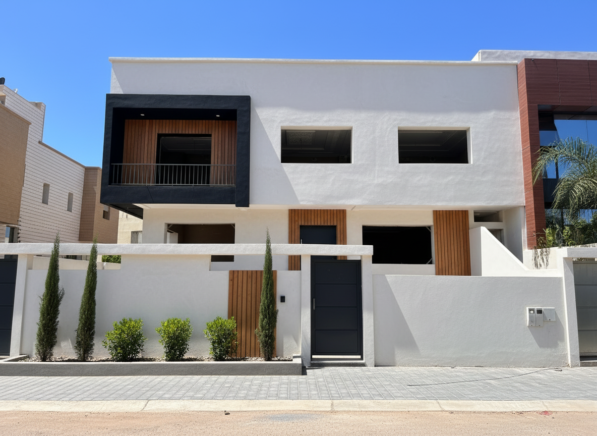 After - exterior transformation: Design type: exterior. Style Ref: None. Instructions: Redesign the provided villa façade, pavement, and front garden into a minimalistic yet chic and modern style.
Do not alter the original structural dimensions of the building or walls.
Do not modify the existing metal gate; instead, simply paint over it in a sleek modern finish
Apply a clean, smooth exterior paint in a light neutral tone (white ) and paint the side ways "U" surrouding the balcony in black also add wooden cladding to the wall inside the balcony only
Add wooden cladding accents on the first floor to bring warmth and elegance.
Replace the raw concrete balcony edge with a minimal thin-lined finish.
Design a modern pavement
Add a minimalist front garden with low-maintenance greenery: small shrubs, linear planters, and one or two slim vertical trees for a balanced modern look.
Overall aesthetic: minimalist, chic, modern with natural wood touches."