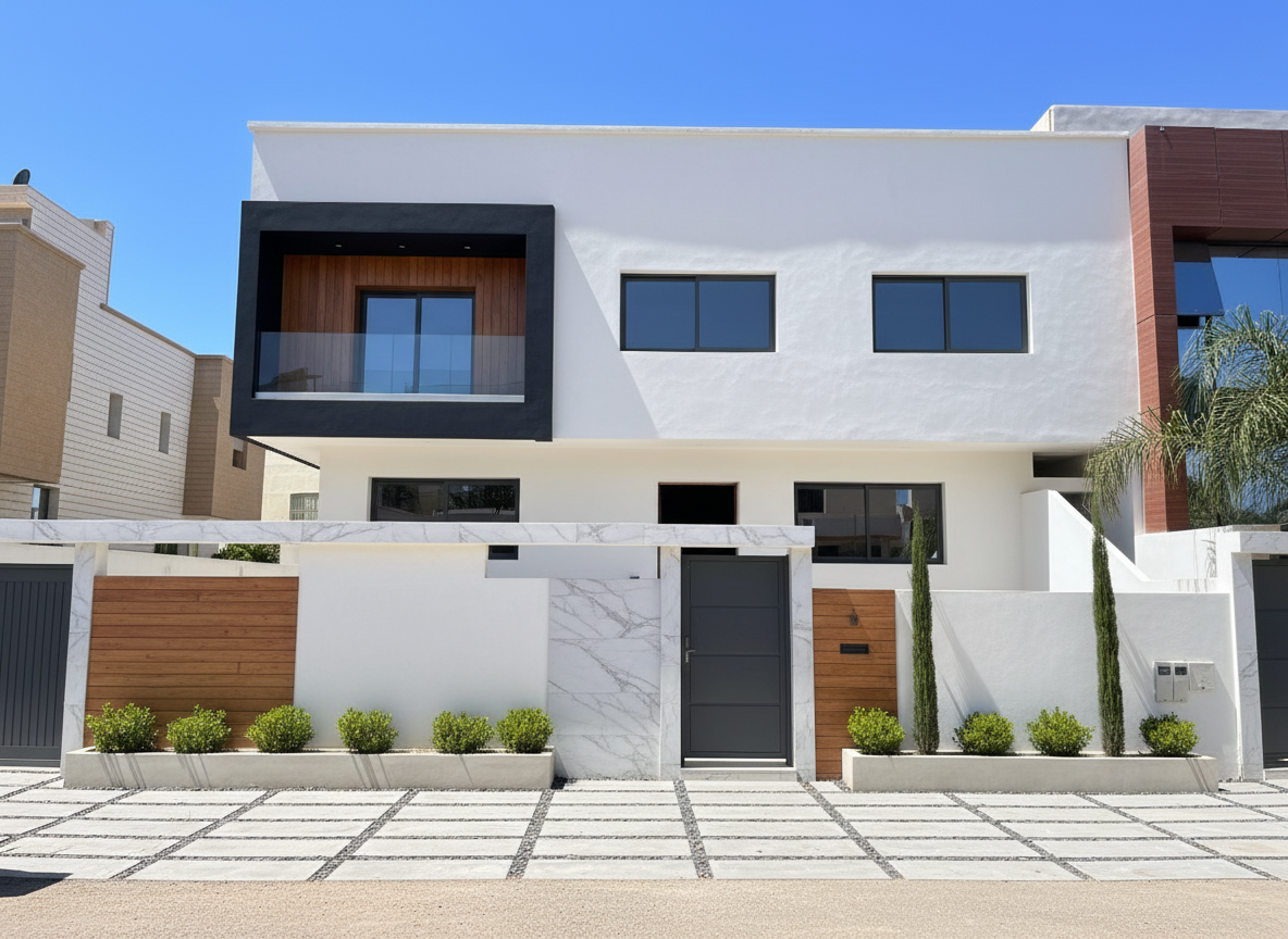 After - exterior transformation: Design type: exterior. Style Ref: None. Instructions: Redesign the provided villa façade, pavement, and front garden into a minimalistic yet chic and modern style.
Do not alter the original structural dimensions of the building or walls.
Do not modify the existing metal gate; instead, simply paint over it in a sleek modern finish
Apply a clean, smooth exterior paint in a light neutral tone (white ) and paint the side ways "U" surrouding the balcony in black also add wooden cladding to the wall inside the balcony only as well as glass "garde corps" in the balcony, add dark glass to the Windows.
and the gate wall also add a touch of light grey marble
Add wooden cladding accents on the first floor to bring warmth and elegance.
Replace the raw concrete balcony edge with a minimal thin-lined finish.
Design a modern pavement
Add a minimalist front garden with low-maintenance greenery: small shrubs, linear planters, and one or two slim vertical trees for a balanced modern look.
Overall aesthetic: minimalist, chic, modern with natural wood touches."